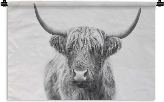 Wandkleed - Wanddoek - Schotse hooglander - Dieren - Hoorns - Zwart wit - 60x40 cm - Wandtapijt