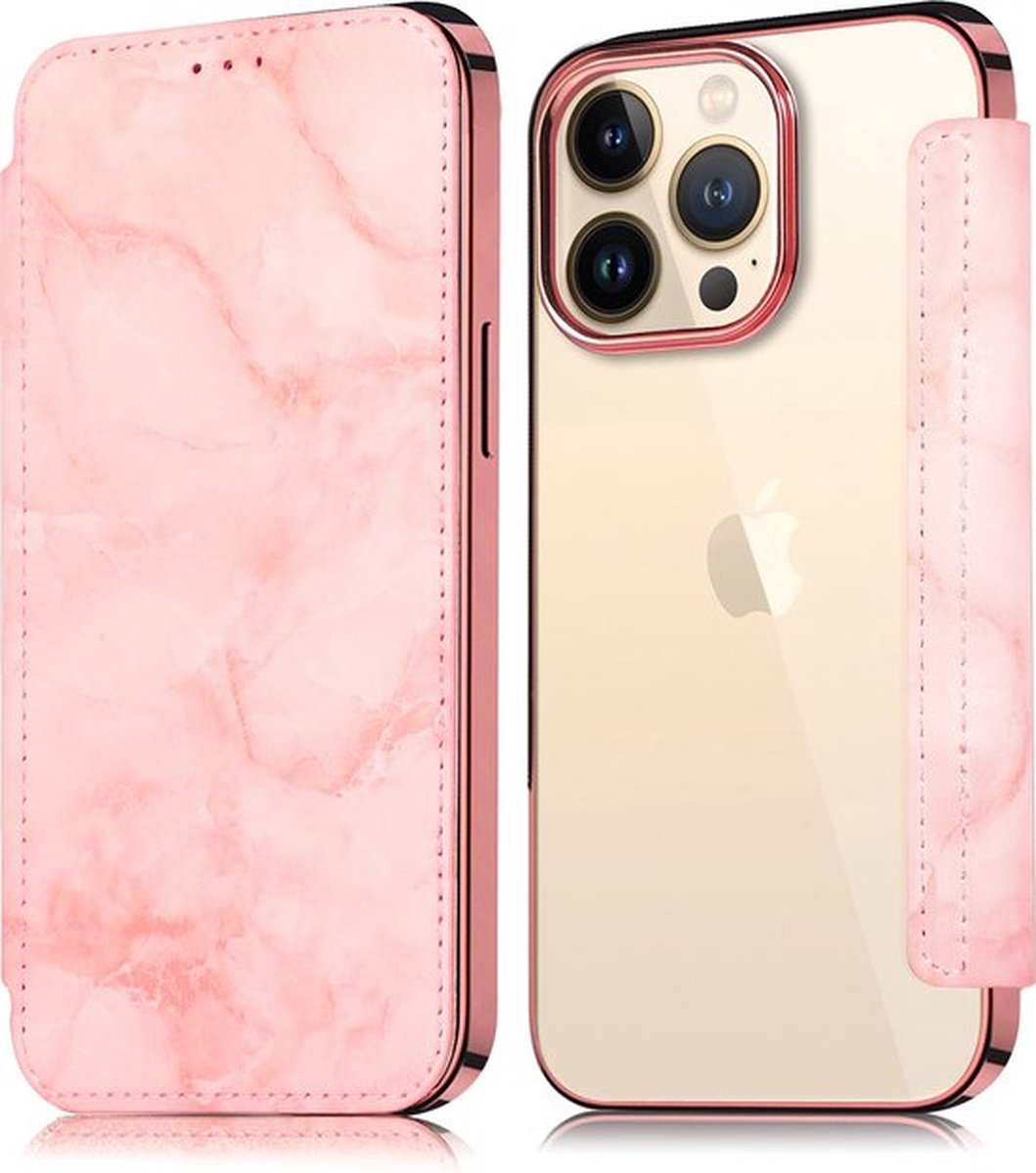 Flip Case Geschikt voor Apple iPhone 14 Pro - Roze - Marmer - Folio Hoesje