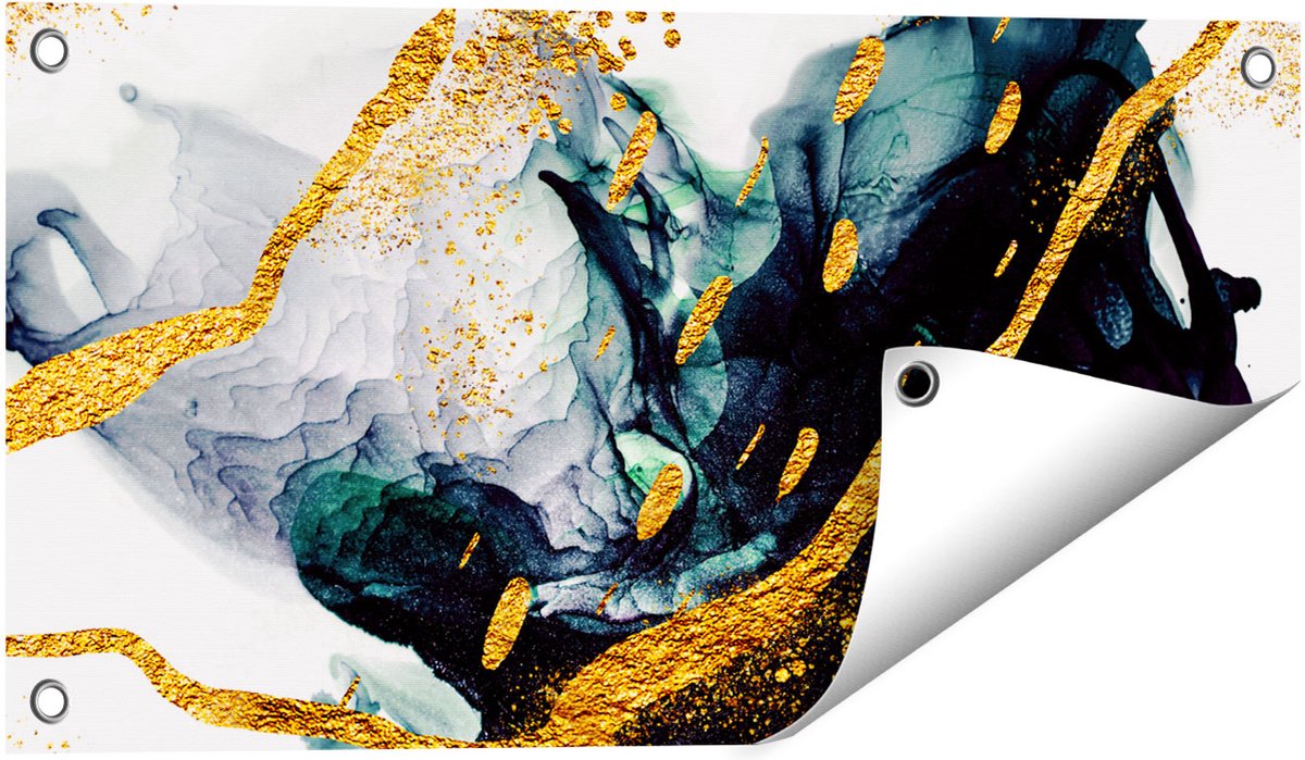 Gards Tuinposter Abstracte Kunst - Zwart Wit met Gouden Strepen - 60x30 cm - Tuindoek - Tuindecoratie - Wanddecoratie buiten - Tuinschilderij Multikleur