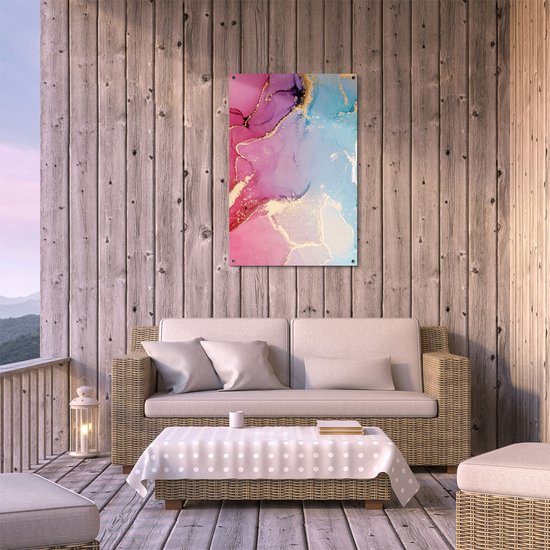 Gards Tuinposter Abstracte Kunst van Marmer - Roze met Blauw - 60x90 cm - Tuindoek - Tuindecoratie - Wanddecoratie buiten - Tuinschilderij
