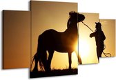 GroepArt - Schilderij -  Paard - Zwart, Geel - 160x90cm 4Luik - Schilderij Op Canvas - Foto Op Canvas