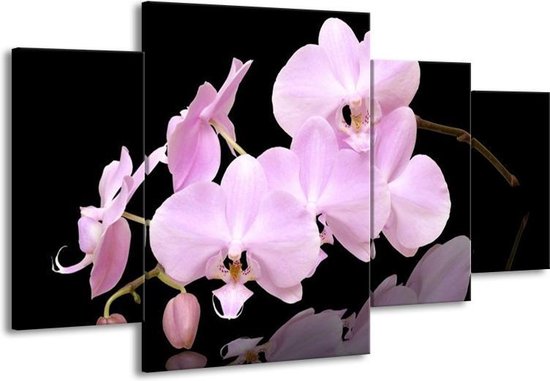 GroepArt - Schilderij -  Orchidee - Roze, Wit, Zwart - 160x90cm 4Luik - Schilderij Op Canvas - Foto Op Canvas