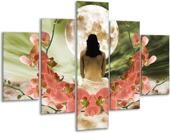 Glasschilderij -  Orchidee - Roze, Groen, Wit - 100x70cm 5Luik - Geen Acrylglas Schilderij - GroepArt 6000+ Glasschilderijen Collectie - Wanddecoratie- Foto Op Glas