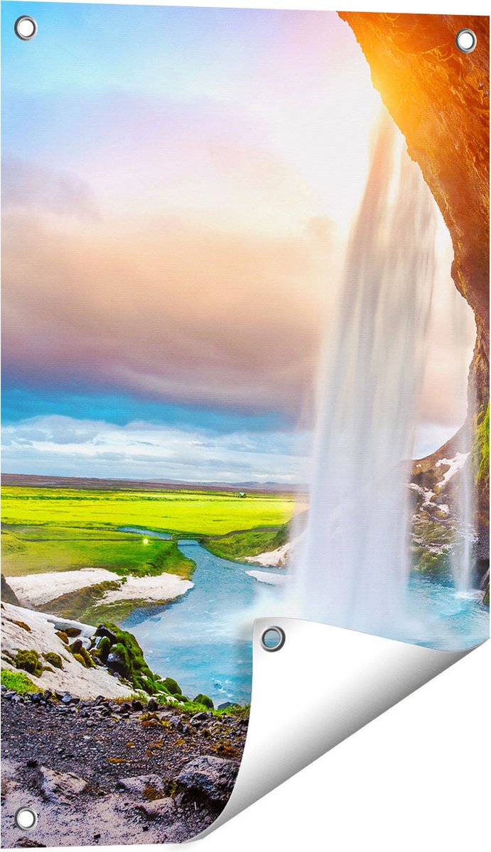 Gards Tuinposter Waterval van een Klif bij Zonsondergang - 40x60 cm - Tuindoek - Tuindecoratie - Wanddecoratie buiten - Tuinschilderij Multikleur