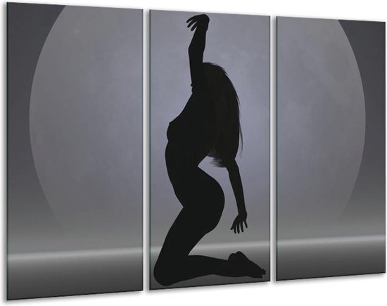 Glasschilderij Vrouw - Zwart, Grijs, Wit - 120x80cm 3Luik - Foto Op Glas - Geen Acrylglas Schilderij - GroepArt 6000+ Glas Art Collectie - Maatwerk Mogelijk