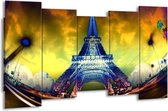 GroepArt - Canvas Schilderij - Eiffeltoren - Blauw, Geel, Grijs - 150x80cm 5Luik- Groot Collectie Schilderijen Op Canvas En Wanddecoraties