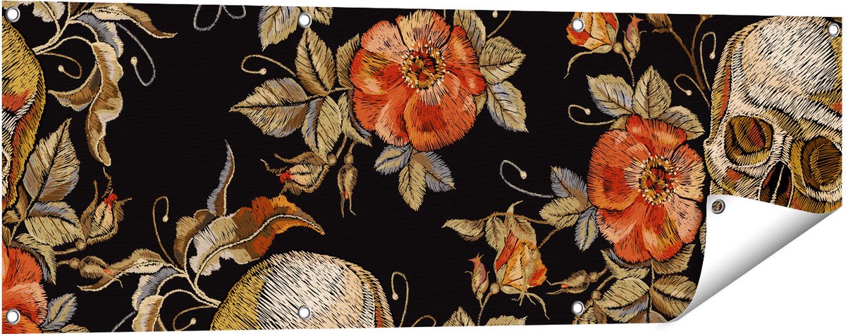 Gards Tuinposter Doodshoofden met Bloemen - Schedels - 120x40 cm - Tuindoek - Tuindecoratie - Wanddecoratie buiten - Tuinschilderij Multikleur