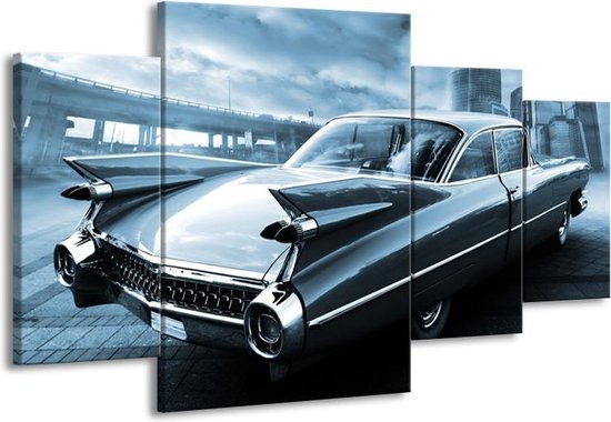 GroepArt - Schilderij -  Auto, Oldtimer - Blauw - 160x90cm 4Luik - Schilderij Op Canvas - Foto Op Canvas