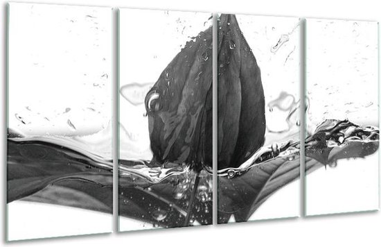 GroepArt - Glasschilderij - Bloem - Zwart, Wit, Grijs - 160x80cm 4Luik - Foto Op Glas - Geen Acrylglas Schilderij - 6000+ Glasschilderijen Collectie - Wanddecoratie