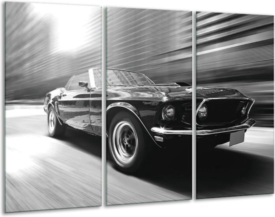 Glasschilderij Auto, Mustang - Zwart, Grijs - 120x80cm 3Luik - Foto Op Glas - Geen Acrylglas Schilderij - GroepArt 6000+ Glas Art Collectie - Maatwerk Mogelijk
