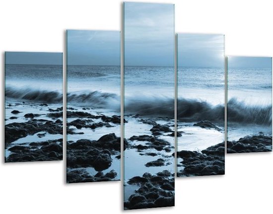 Glasschilderij -  Zee, Strand - Blauw - 100x70cm 5Luik - Geen Acrylglas Schilderij - GroepArt 6000+ Glasschilderijen Collectie - Wanddecoratie- Foto Op Glas