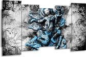 GroepArt - Canvas Schilderij - Boeddha, Beeld - Blauw, Grijs, Zwart - 150x80cm 5Luik- Groot Collectie Schilderijen Op Canvas En Wanddecoraties