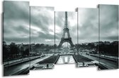 GroepArt - Canvas Schilderij - Parijs, Eiffeltoren - Grijs, Groen - 150x80cm 5Luik- Groot Collectie Schilderijen Op Canvas En Wanddecoraties