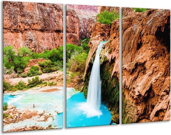 GroepArt - Schilderij -  Waterval - Blauw, Bruin - 120x80cm 3Luik - 6000+ Schilderijen 0p Canvas Art Collectie