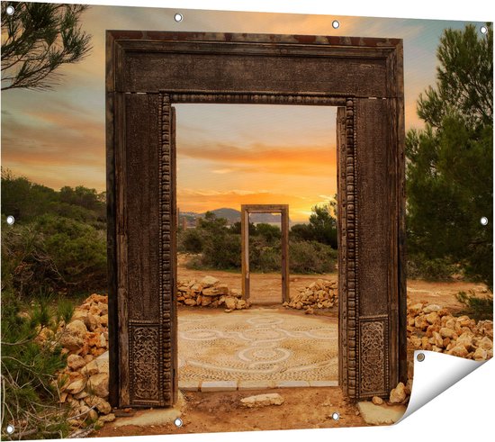 Foto: Gards tuinposter cale llentia deur opening in ibiza 120x90 cm tuindoek tuindecoratie wanddecoratie buiten tuinschilderij