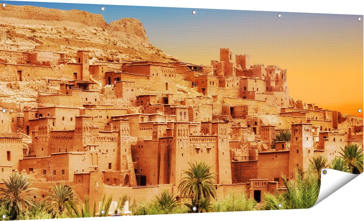 Gards Tuinposter Kasbah Ait Ben Haddou Stad in Marokko - 180x90 cm - Tuindoek - Tuindecoratie - Wanddecoratie buiten - Tuinschilderij Multikleur