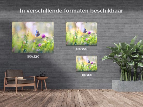 Gards Affiche de jardin Papillon bleu avec une Bloem violette - 160x120 cm - Toile jardin - Décoration de jardin - Décoration murale extérieur - Tableau jardin