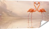 Gards Tuinposter Twee Flamingo's in een Hartjes Vorm - 120x60 cm - Tuindoek - Tuindecoratie - Wanddecoratie buiten - Tuinschilderij
