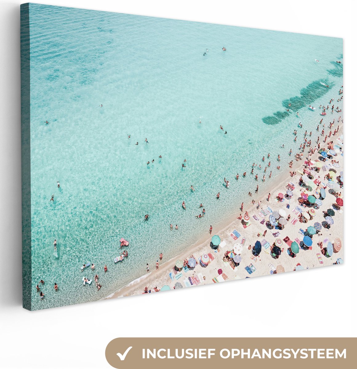 Canvas schilderij 180x120 cm - Wanddecoratie Zee - Strand - Parasols - Blauw - Zomer - Muu