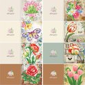 Set van 8 diamond painting wenskaarten met diverse bloemen, vlinders en een roos.