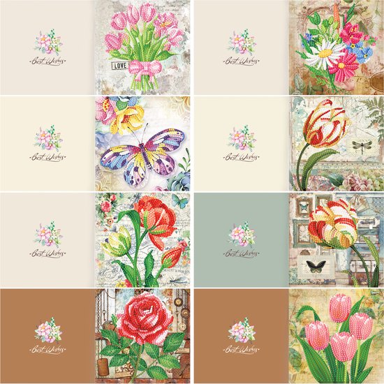 Set van 8 diamond painting wenskaarten met diverse bloemen, vlinders en een roos.