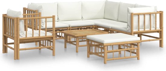 vidaXL - 8-delige - Loungeset - met - kussens - bamboe - crèmewit