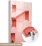 MuchoWow® Glasschilderij 40x60 cm - Schilderij acrylglas - Architectuur - Trappen - Roze - Pastel - Huis - Foto op glas - Schilderijen