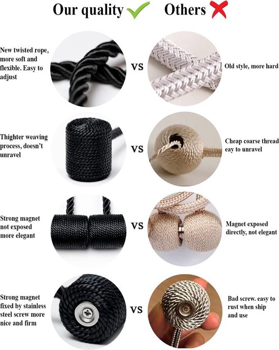 Comparaison des attaches magnétiques de rideaux noires (qualité) avec des styles plus anciens (autre). Montre le matériau, le tissage, l'aimant.