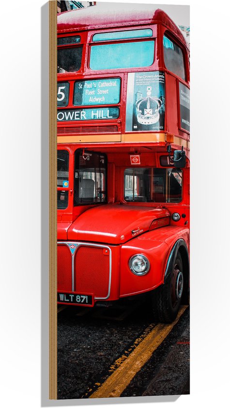 Hout - Traditionele Rode Bus in Londen, Verenigd Koninkrijk - 30x90 cm - 9 mm dik - Foto op Hout (Met Ophangsysteem)