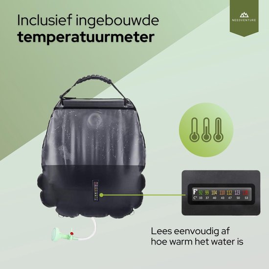 Needventure Solar Douche - Camping Douchezak - Buiten Douche - Tuindouche - Inclusief Thermometer - Waterzak Met Douchekop - 20L - Zwart