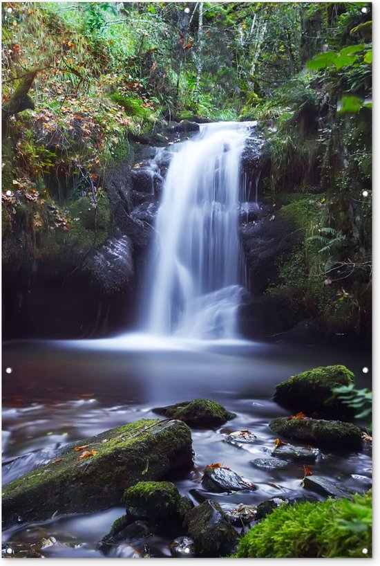 Tuinposter - Waterval - Natuur - Groen - Stenen - Bladeren - 120x180 cm - Tuinschilderij voor buiten - Schuttingposter - Tuinposter waterval - Tuindoek - Buitenposter