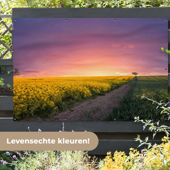 Tuinposter 180x120 cm - Tuindecoratie Bloemen - Weg - Lucht - Geel - Paars - Zonsondergang - Natuur - Poster voor in de tuin - Buiten decoratie - Schutting tuinschilderij - Tuindoek muurdecoratie - Wanddecoratie balkondoek