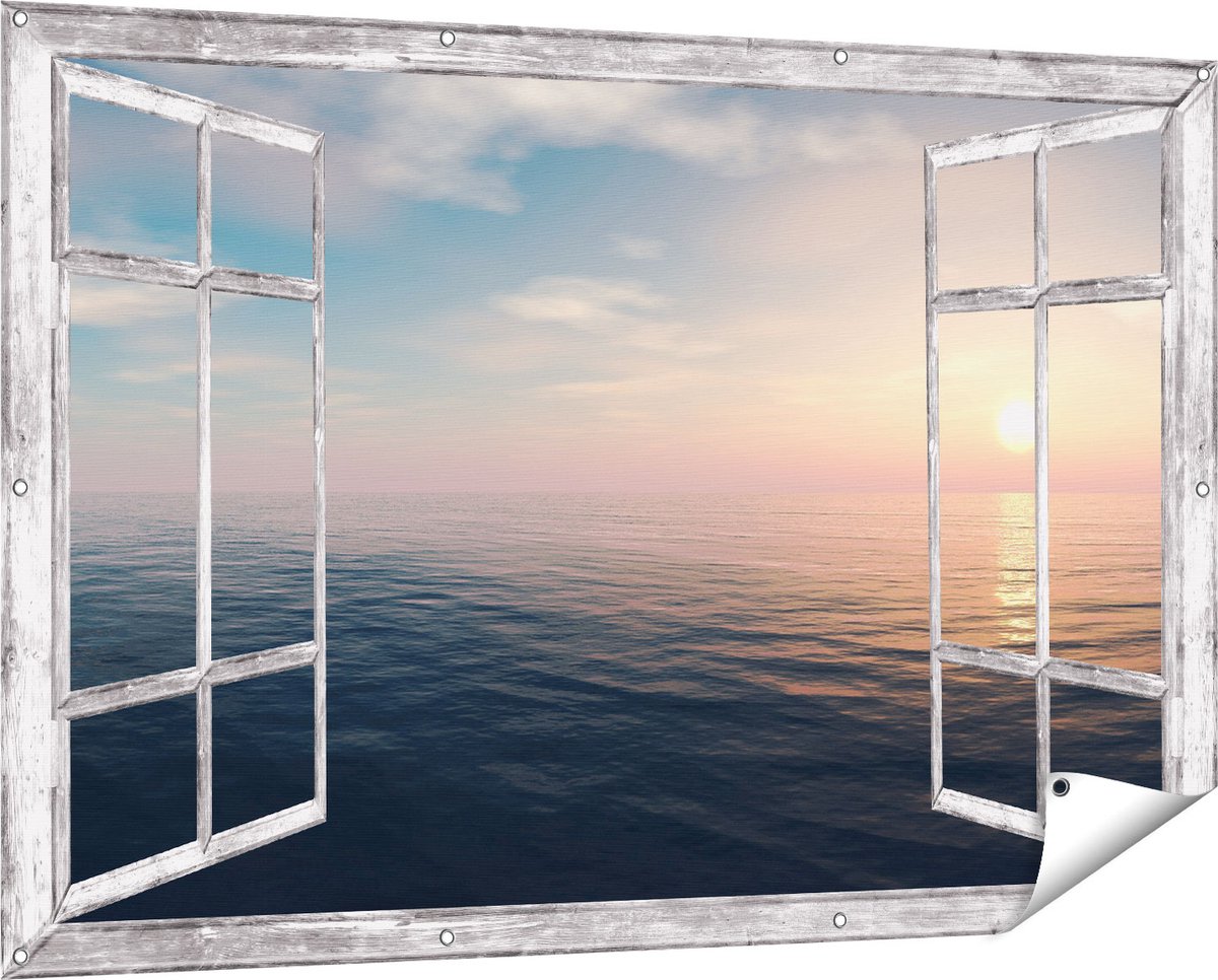 Gards Tuinposter Doorkijk Zee Water tijdens Zonsondergang - 150x100 cm - Tuindoek - Tuindecoratie - Wanddecoratie buiten - Tuinschilderij Grijs