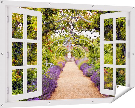 Gards Tuinposter Doorkijk Lavendel Pad - 150x100 cm - Tuindoek - Tuindecoratie - Wanddecoratie buiten - Tuinschilderij