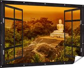 Gards Tuinposter Doorkijk Boeddha Beeld bij een Tempel in het Bos - 180x120 cm - Tuindoek - Tuindecoratie - Wanddecoratie buiten - Tuinschilderij