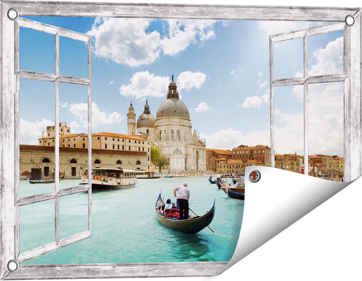 Gards Tuinposter Doorkijk Basiliek San Marco in Venetië op het Water - 60x40 cm - Tuindoek - Tuindecoratie - Wanddecoratie buiten - Tuinschilderij Grijs