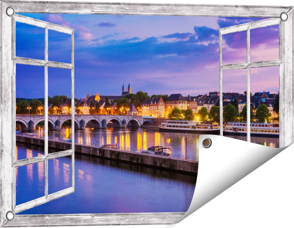 Gards Tuinposter Doorkijk Maastricht Maas Rivier bij de Sint Servaasbrug - 60x40 cm - Tuindoek - Tuindecoratie - Wanddecoratie buiten - Tuinschilderij Grijs
