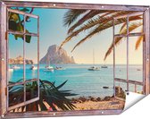 Gards Tuinposter Doorkijk Ibiza Cala d'Hort Strand - 120x80 cm - Tuindoek - Tuindecoratie - Wanddecoratie buiten - Tuinschilderij