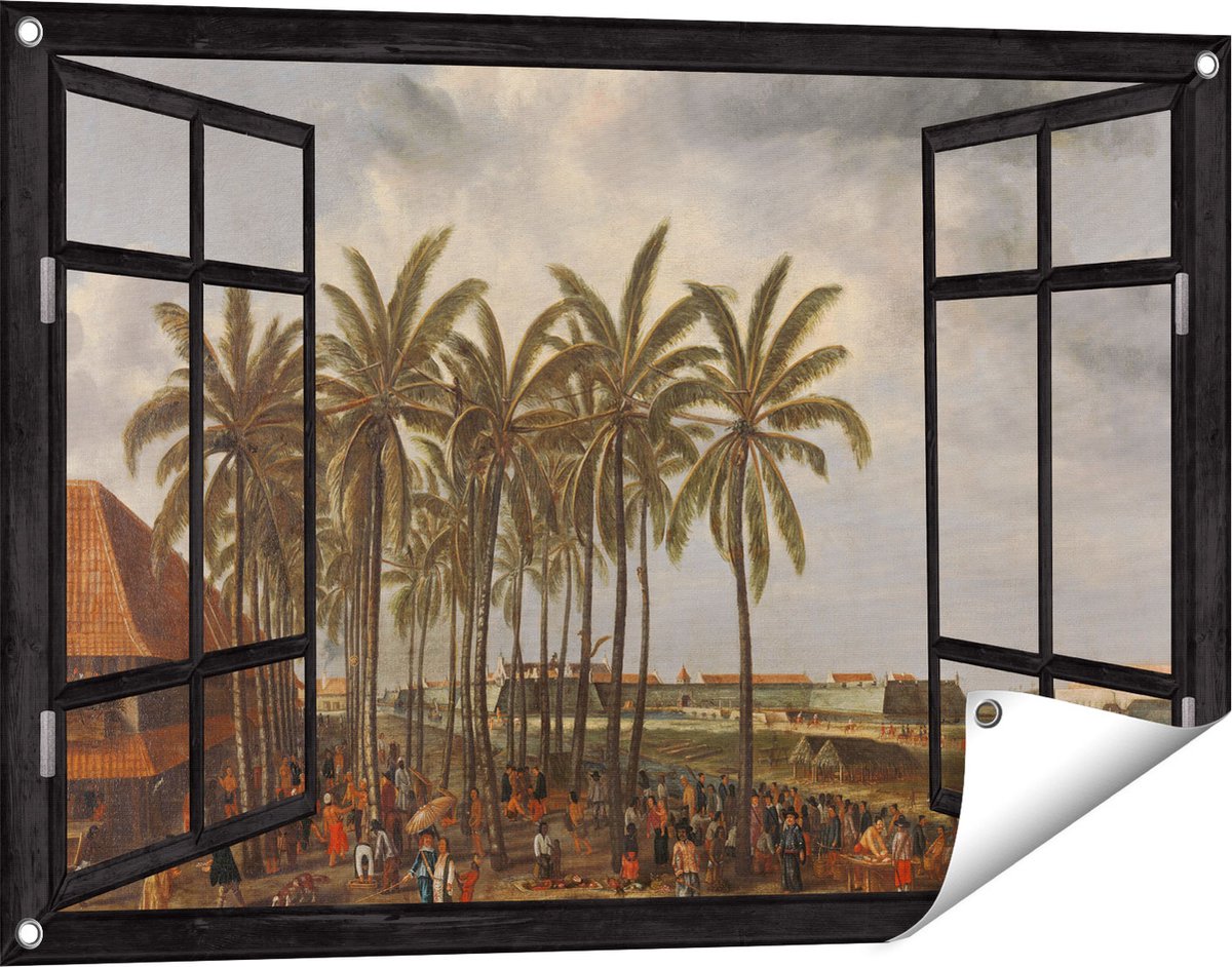 Gards Tuinposter Doorkijk Het Kasteel van Batavia - Andries Beeckman - 90x60 cm - Tuindoek - Tuindecoratie - Wanddecoratie buiten - Tuinschilderij Zwart