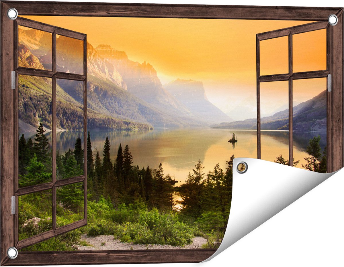 Gards Tuinposter Doorkijk Bergen met een Meer in Nationaal Park Glacier - 60x40 cm - Tuindoek - Tuindecoratie - Wanddecoratie buiten - Tuinschilderij Donker bruin