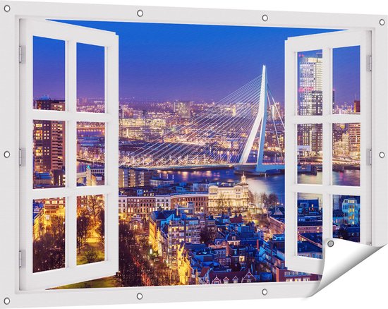 Gards Tuinposter Doorkijk Rotterdamse Skyline met de Erasmusbrug - 120x80 cm - Tuindoek - Tuindecoratie - Wanddecoratie buiten - Tuinschilderij