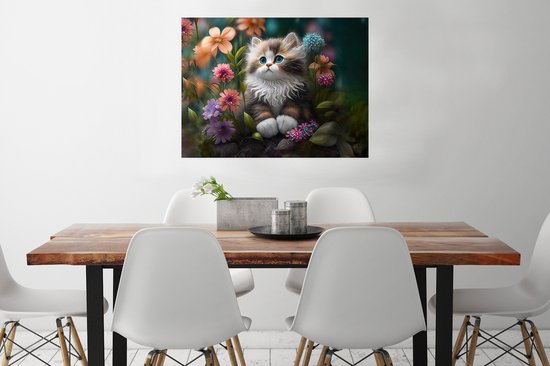 Poster Chaton - Illustration - Fleurs - Nature - Chat - 80x60 cm - Cadeau fille 7 ans