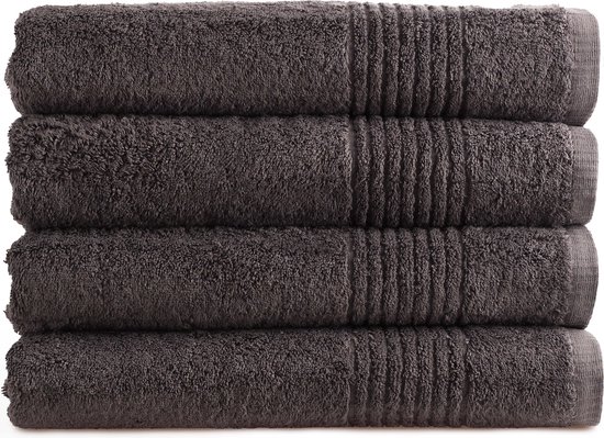 Pile de quatre serviettes gris anthracite, 70x140 cm, avec bord côtelé.