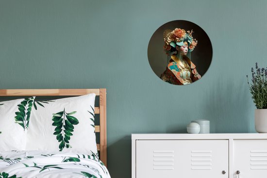 WallCircle - Wandcirkel - Muurcirkel - Vrouw - Bloemen - Oranje - Portret - Asian - Aluminium - Dibond - ⌀ 30 cm - Binnen en Buiten