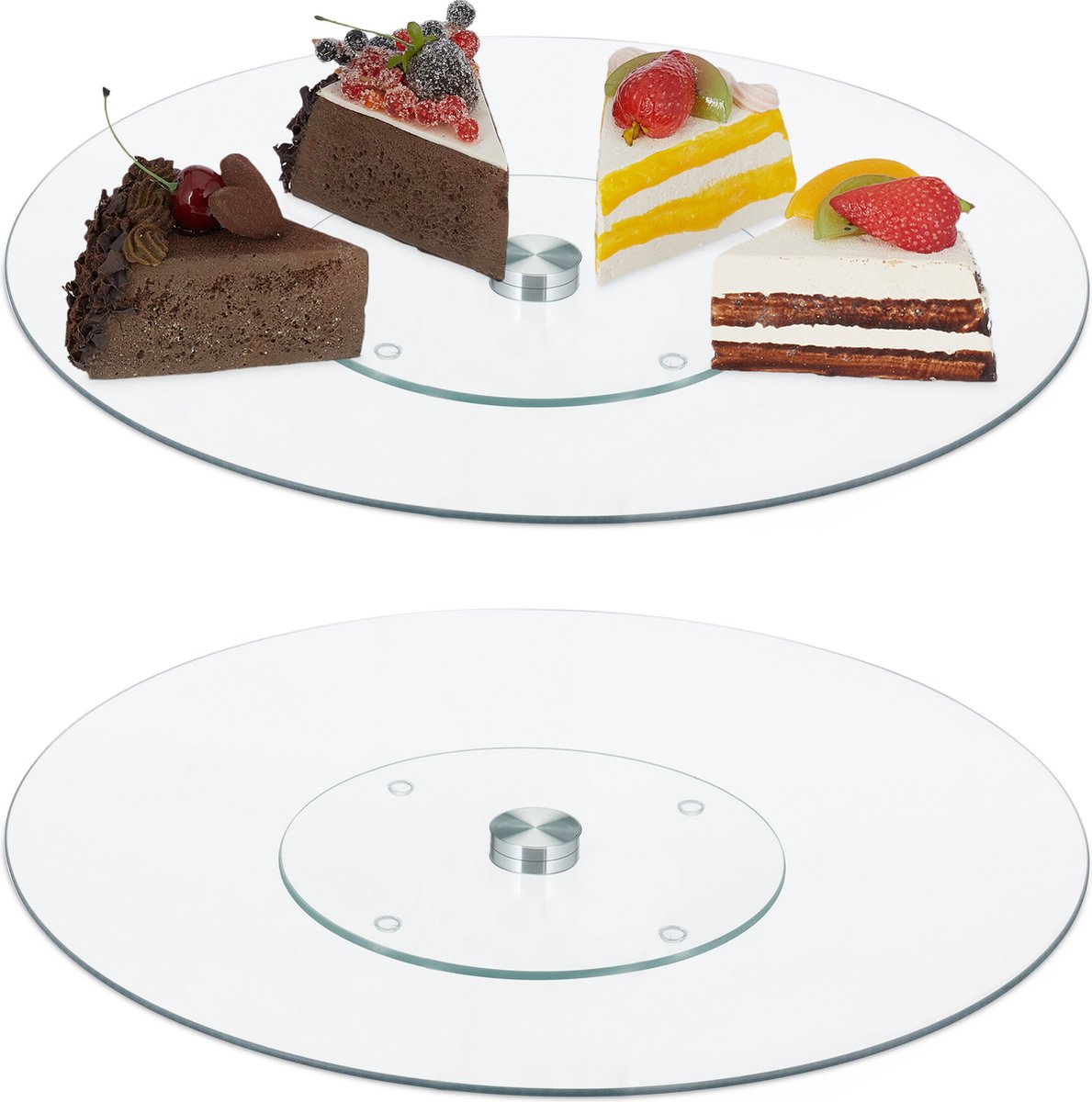 Relaxdays draaibaar taartplateau - set van 2 - Ø 30 cm - taartschaal glas - zonder voet