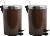 MSV Prullenbak/ poubelle à pédale - 2x - métal - marron foncé - 3 litres - 17 x 25 cm - Salle de bain / WC