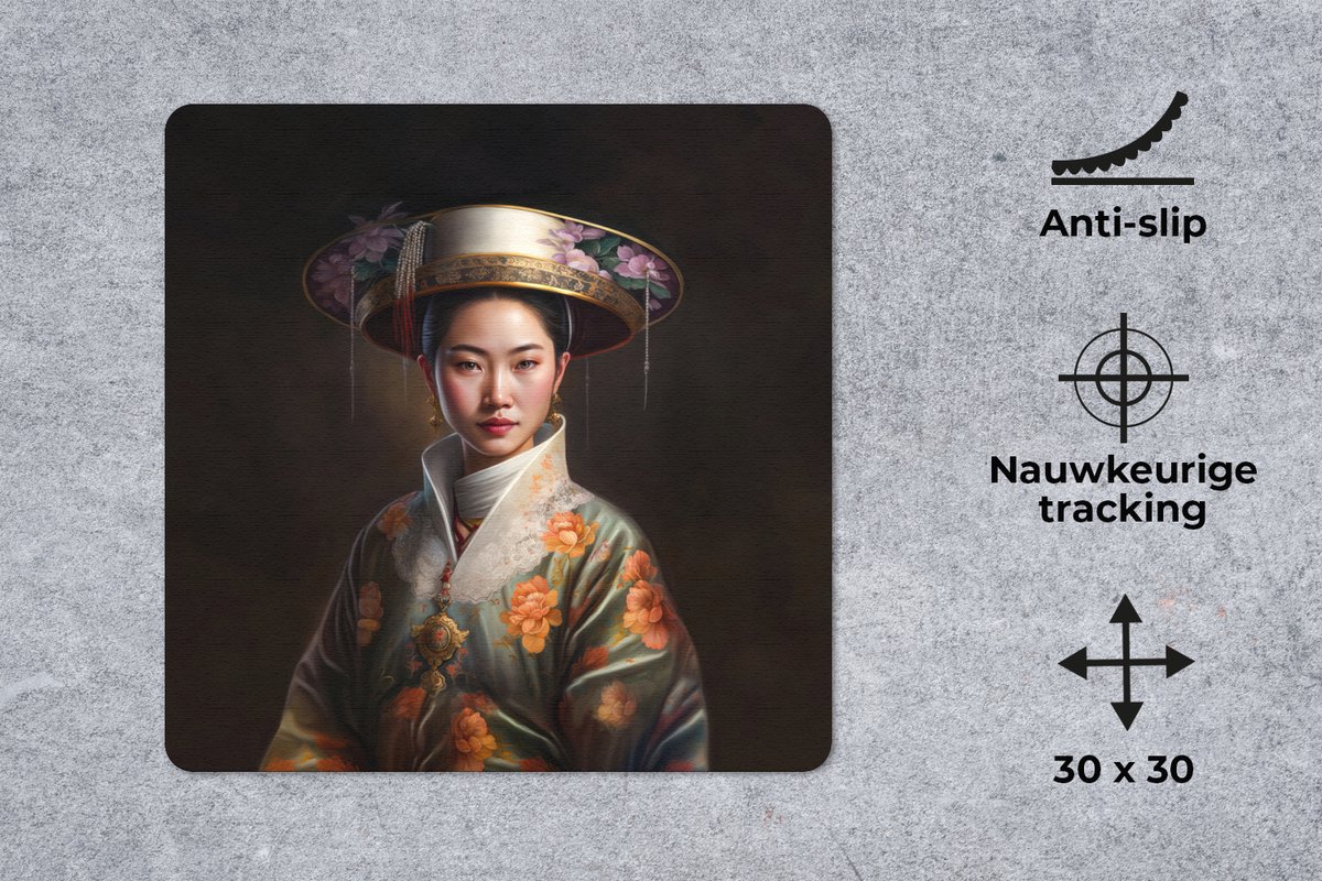 Muismat 30x30 cm - Mousepad Vrouwen - Aziatisch - Bloemen - Portret - Muismatten