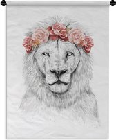 Wandkleed - Wanddoek - Leeuwen - Bloemen - Wit - Dieren - 60x80 cm - Wandtapijt