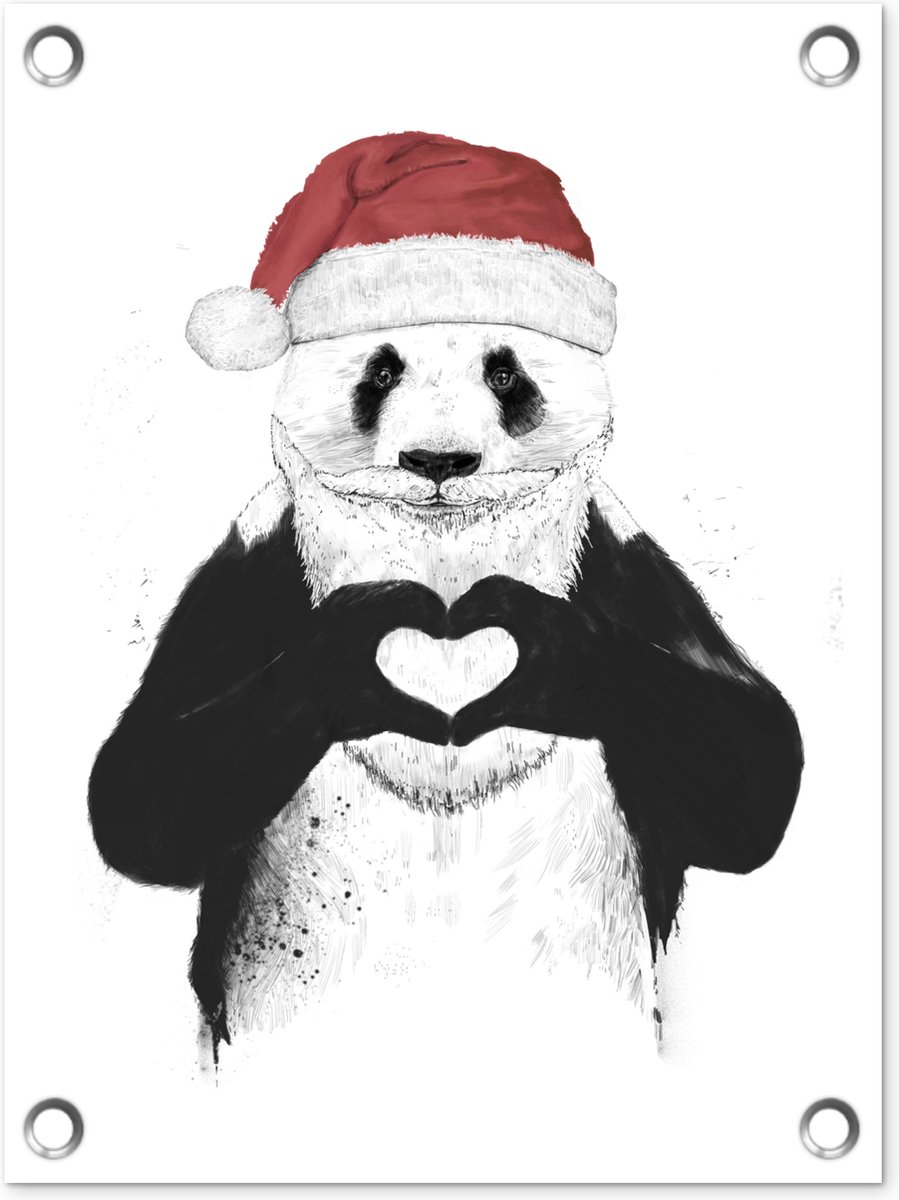 Schattige panda met kerstmuts en hartje op tuindoek van 30x40 cm voor buitenposter.