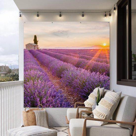 Affiche de jardin lavande - Coucher de soleil - Fleurs - Violet - Toile de jardin - Toile de clôture - Peinture jardin extérieur - Décoration clôture - 200x200 cm - Décoration de jardin - Jardin - Poster extérieur